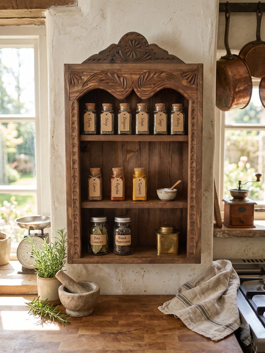 Hand-Carved Wooden Spice Rack – Rustic Wall Shelf